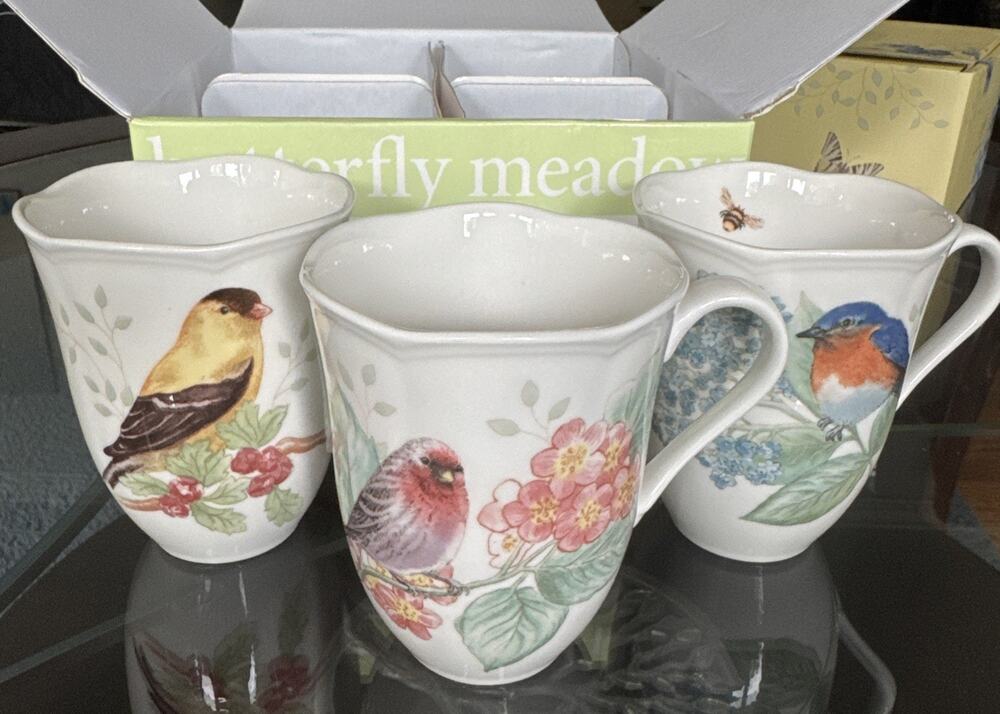 Lenox Butterfly Meadow Flutter Set Of 3 Coffee/Tea Mugs 12oz Birds W/ Box